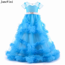 Janeini-lindo vestido floral de tule azul para meninas, vestido de baile, manga curta, faixas de fita, vestido de gala, concurso 2024 - compre barato