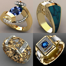 Gorgeous Blue White Zircon Stone Ring Male Female Yellow Gold Wedding Band Jewelry Promise Engagement Rings For Men And Women 2024 - buy cheap