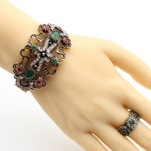 Anel vintage feminino turco, conjunto de joalheria cor dourada antiga de resina vazada e pulseira de flores bracelete indiano para casamento e festa 2024 - compre barato