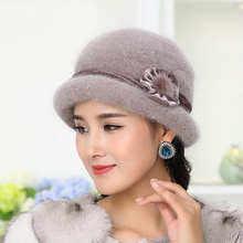 Touca feminina de inverno de malha floral, confecção de lã super macia, chapéu de pele de coelho, gorros quentes, boné feminino baggy h3 2024 - compre barato