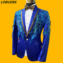 New Design Blue Sequins Blazer 2 Pieces Tuxedo Men's Suit Fashion Stage Singer Chorus Costume Host Clothing Wedding Groom Suits 2024 - buy cheap