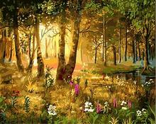 Картина по номерам на холсте с изображением солнца сквозь деревья и травы 2024 - купить недорого