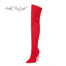 Модная женская обувь на шпильках с острым носком, привлекательные элегантные женские замшевые сапоги выше колена цвета Бургунди, коричневый, красный цвет 2024 - купить недорого