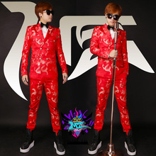 Hot New 2021 Men Slim Dj Red Dragon Embroidered Satin Double Breasted Suits Male Singer Slim Performance Party Costume 2024 - buy cheap