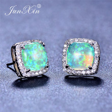 Boho Female White/Green/Blue Fire Opal Earrings Silver Color Jewelry Vintage Double Stud Earrings For Women 2024 - buy cheap