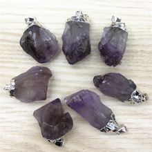 New Fashion Natural Stone Raw Ore Amethysts Silvers Pendant&Necklace Purple Crystal Gems Stone Pendants 6pcs for Jewelry Making 2024 - buy cheap