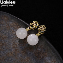 Uglyless Real Solid 925 Sterling Silver Flower Earrings for Women Natural Jade Balls Fine Jewelry Hollow Floral Earrings Brincos 2024 - buy cheap