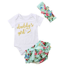 Summer Cute Lovely Infant Baby Girls Clothes Sets 3PCS Short Sleeve Letter White Romper Tops+Ruffles Floral Shorts+Headband 2024 - buy cheap