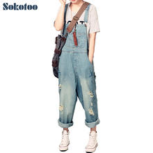Sokotoo Women's casual loose denim overalls Lady's oversized hole ripped baggy jeans Wide leg pants for woman 2024 - buy cheap