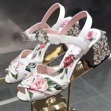 Summer Floral Printed Leather Rhinestone Chunky Heels Sandals Woman Glitter Crystal Buckle Ankle Strap Open toe Wedding Shoes 2024 - buy cheap