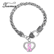 Marca Teamer de moda de diseño de Metal de aleación de Zinc cristal esmaltado Rosa cinta de cáncer de mama pulseras de amuleto de corazón de trigo de cadena de enlace 2024 - compra barato