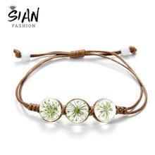 SIAN Brand Boho Glass Ball Bracelet Real Dried Flowers Plant Handmade Weave Adjustable Bracelets for Women Jewelry Summer Style 2024 - buy cheap