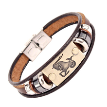 Pulsera de cuero con 12 Constelaciones para hombre y mujer, brazalete de piel con broche de acero inoxidable, con cuentas de los signos del zodiaco 2024 - compra barato