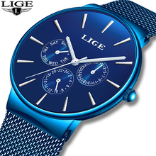 Relojes новые LIGE синие часы для мужчин часы Топ бренд Роскошные часы мужские повседневные ультра-тонкий сетчатый ремень водонепроницаемые кварцевые наручные часы 2024 - купить недорого