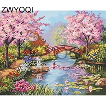 DIY diamante bordado punto de cruz completamente redondo diamante pintura puente árbol completo cuadrado diamante mosaico puente flor hoja de loto 2024 - compra barato