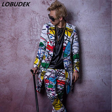 Novelty Graffiti Men's long jacket Coat fashion printing Male Suits Male Hip Hop Rock singer Vocal Concert stage show costumes 2024 - buy cheap