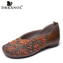 DRKANOL-zapatos planos de piel de vaca auténtica para mujer, mocasines poco profundos, informales, Vintage, con flores, para primavera 2024 - compra barato