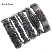 ZotatBele 5 шт./компл. винтажный Многослойный кожаный браслет, мужской модный плетеный Плетеный веревочный браслет ручной работы, мужской подарок F72 2024 - купить недорого