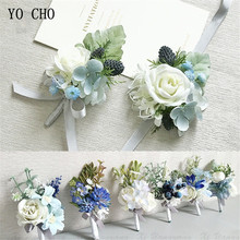 YO CHO Wedding Accessories Boutonnieres Men Ribbon White Roses Blue Orchid Marriage Corsages Boutonnieres Groom Wedding Supplies 2024 - buy cheap