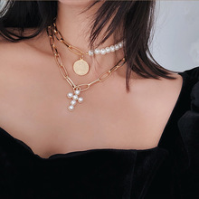 Imitation Pearls Choker Necklace Female Cross Chain Beads Pendant Necklaces for Women Gold Color 2019 Fashion Coin Jewelry 2024 - buy cheap