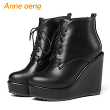 New Winter Ankle Boots Platform Shoes High Wedge Heels Square Toe Lace-Up Sexy Ladies Women Shoes Black Martin Boots Big Size 2024 - buy cheap