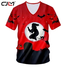 CJLM-Camiseta con estampado 3D de Halloween para hombre, camisa de manga corta con cuello en V con diseño de escoba, bruja y murciélago, The Nueva inclusión 2024 - compra barato