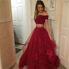 2 Piece Burgundy Prom Dresses Boat Neck Short Sleeves A Line Long Formal Party Dresses Tiered Tulle Skirt Robe De Bal 2019 New 2024 - buy cheap