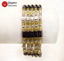 Qingmos 4-5 мм естественный белый барокко жемчужный браслет для женщин с желтым кристаллом и черным гематитом длинное ожерелье браслет 36'' 2024 - купить недорого