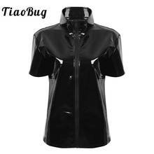 TiaoBug-Camiseta Hipster de cuero y PVC para hombre y mujer, camisa de manga corta con cuello levantado, Sexy, color negro y metálico 2024 - compra barato