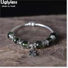 Uglyless 100% real 925 prata esterlina quatro trevo encantos pulseiras para as mulheres bolas de cristal miçangas pulseira corda elástica jóias 2024 - compre barato