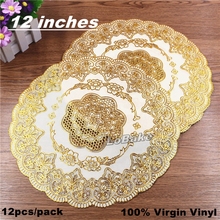 (12pcs/pack) Top grade 12 inches eco-friendly Vinyl PVC plastic round golden lace scarf doily place mat tabletop accessories 2024 - buy cheap