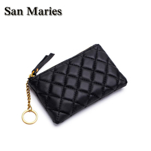 San Maries-Bolso de cuero genuino con cremallera para niñas, cartera a cuadros de piel de oveja, monedero de cambio, carteras pequeñas, llavero 2024 - compra barato