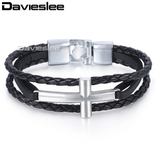Davieslee Womens Mens Chain Cross Charm Bracelet Wristband Man-made Leather Braided Rope Link Black Silver Color 11mm LLBM117 2024 - buy cheap