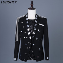 Men's New Silver Mirrors Chain Tassels Rivet Epaulet Blazer Lens Suit Jacket Rock Singer Host Stage Costume Fashion Black Coat 2024 - buy cheap