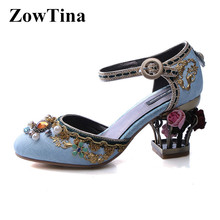 Lolita sapatos femininos de veludo azul, sapatos de salto alto redondo com bordado vermelho, para festa, casamento 2024 - compre barato