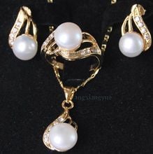 Genuine White Akoya Cultured Pearl ring earrings Necklace Pendant Set AAA 2024 - buy cheap