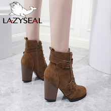 LazySeal Retro Leather Ladies Ankle Boots Winter Buckle  Round Toe Short Plush Zip Buckle Western Boots Motorcycle Large Size 43 2024 - buy cheap
