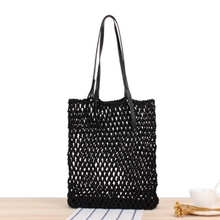 British style new leather handle hand-woven woven bag handmade cotton rope net pocket holiday leisure beach bag 2024 - buy cheap