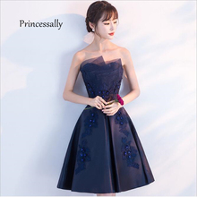 New Short Evening Dress Satin Strapless A-line Appliques Navy Blue Vestidos Cerimonia Formal Dresses Prom Gown Buy China Direct 2024 - buy cheap