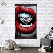 Red Lip with crystal  Vintage Posters and Prints Scroll Painting Canvas Wall Art Pictures Farme Painting Home Decoration 2024 - buy cheap