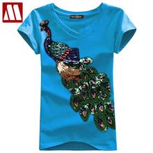 Women's Cotton T Shirts Short Sleeve Peacock Sequins Embroidery Tops For Women Plus Size T Shirts Black White Ladies Summer Tees 2024 - buy cheap