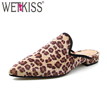 WETKISS 2018 New Fashion Casual Mules Shoes Handmade Ladies Slippers Low Heels Pointed Toe Leopard Slides Footwear Female 2024 - buy cheap