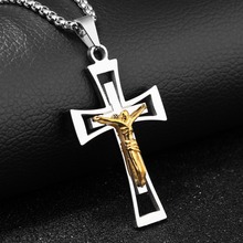 Fashion Stainless Steel Silver Color And Gold Cross Jesus Crucifix Pendant Necklace Men's Biker Jewelry Box Chain Birthday Gift 2024 - buy cheap