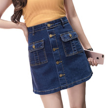 Denim Skirt High Waist A-line Mini Skirts Women 2019 Summer Arrivals Single Button Pockets Blue Jean Skirt Style Saia Jeans R472 2024 - buy cheap