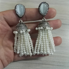 Boho White Pearl Bead Tassels Tibetan Old Pattern Bead Cap Charm Opal Stone Studs Chunky Dangle Tassel Earring For Women 2024 - buy cheap