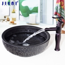 JIENI-lavabo de cerámica negro para baño, conjunto de baño de cascada pintada a mano, mezcladores y grifos 2024 - compra barato