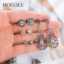 HOCOLE 4 Pairs/Set Bohemian Droplet Flower Round Crystal Gem Hollow Antique Silver Earrings for Women Charm Party Jewelry Gift 2024 - buy cheap