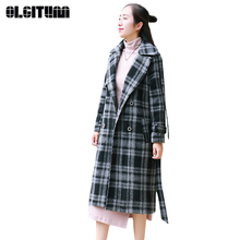 Nuevo Otoño/Invierno Retro Vintage Plaid lana abrigo suelto para mujer de algodón con bolsillo de cinturón de botón S-XL 2020 espesar prendas de vestir 2024 - compra barato