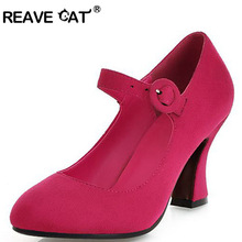 REAVE CAT Big size 34-43 Women high heels Pumps Flock Pointed toe Hoof heels Buckle Fashion Green casual Black Red Blue QL4622 2024 - buy cheap