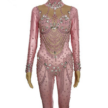 2019 Pink Pearl Rhinestones Elastic Jumpsuit Crystals Leotard Long Sleeve Rompers Women Birthday Party Outfit Nightclub Costumes 2024 - buy cheap